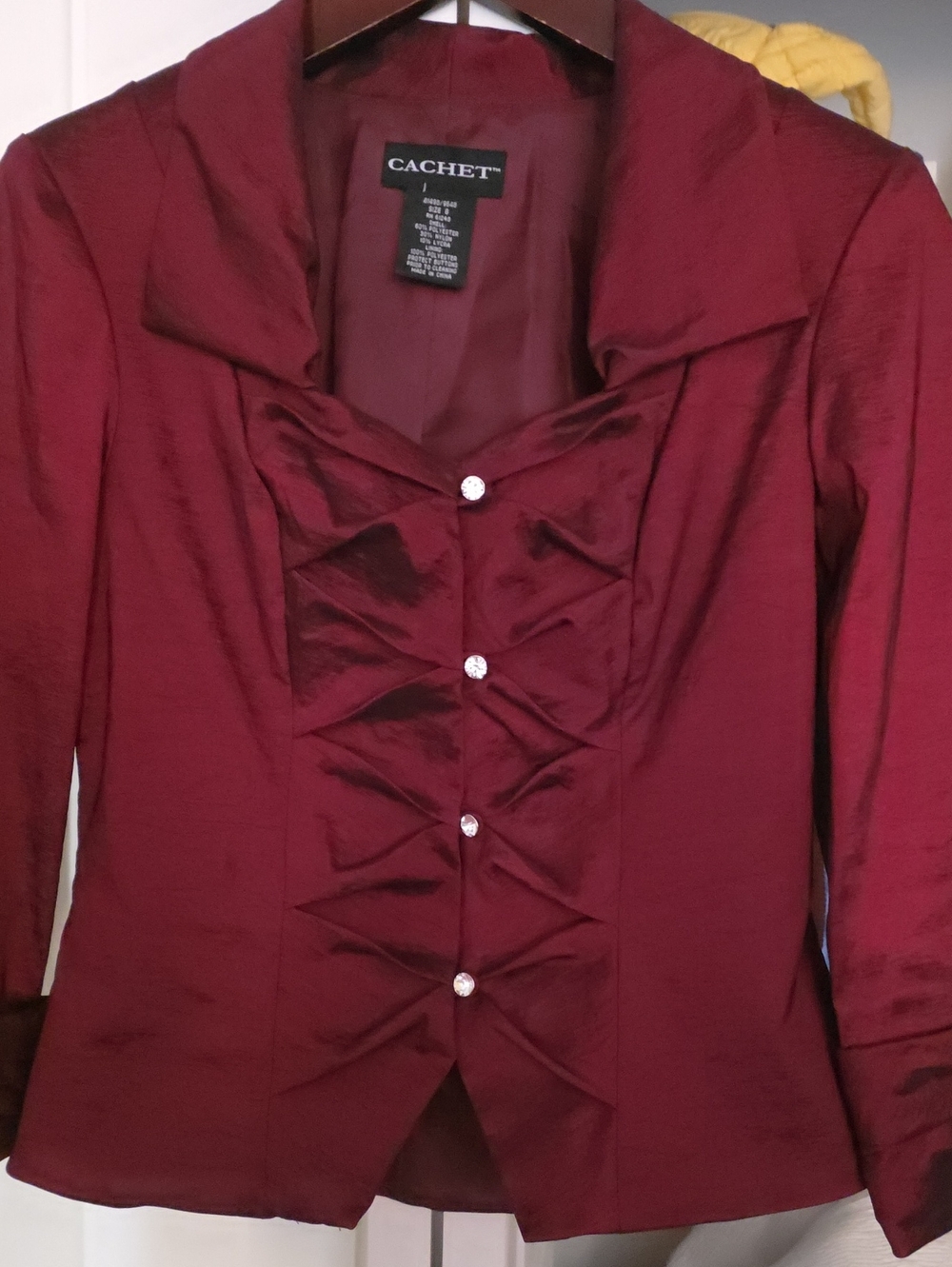 Cachet Women's Burgundy Satin Pleated Blazer with Rhinestone Buttons